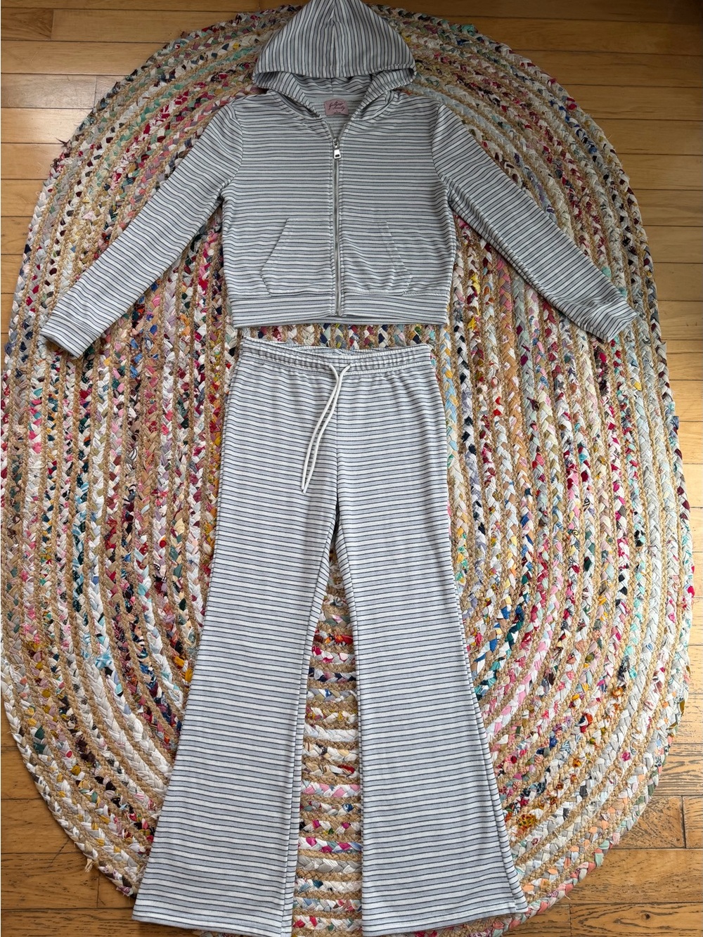 Girlhood Society Striped Hooded Lounge Jumpsuit Set - Grayish Blue/White